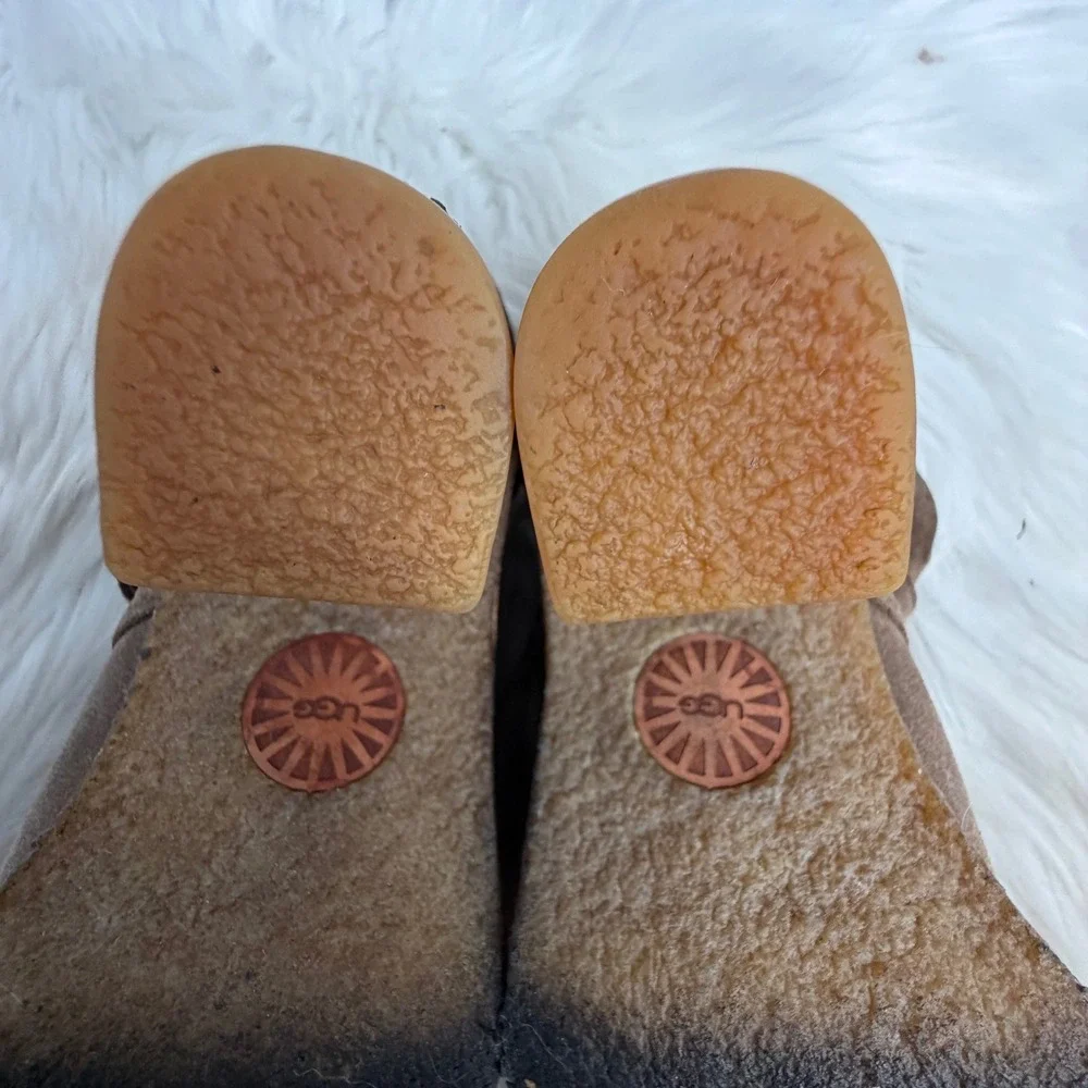UGG Australia 3212 Brown Suede Heeled Ankle Boots Buckle Strap Sheepskin Lining